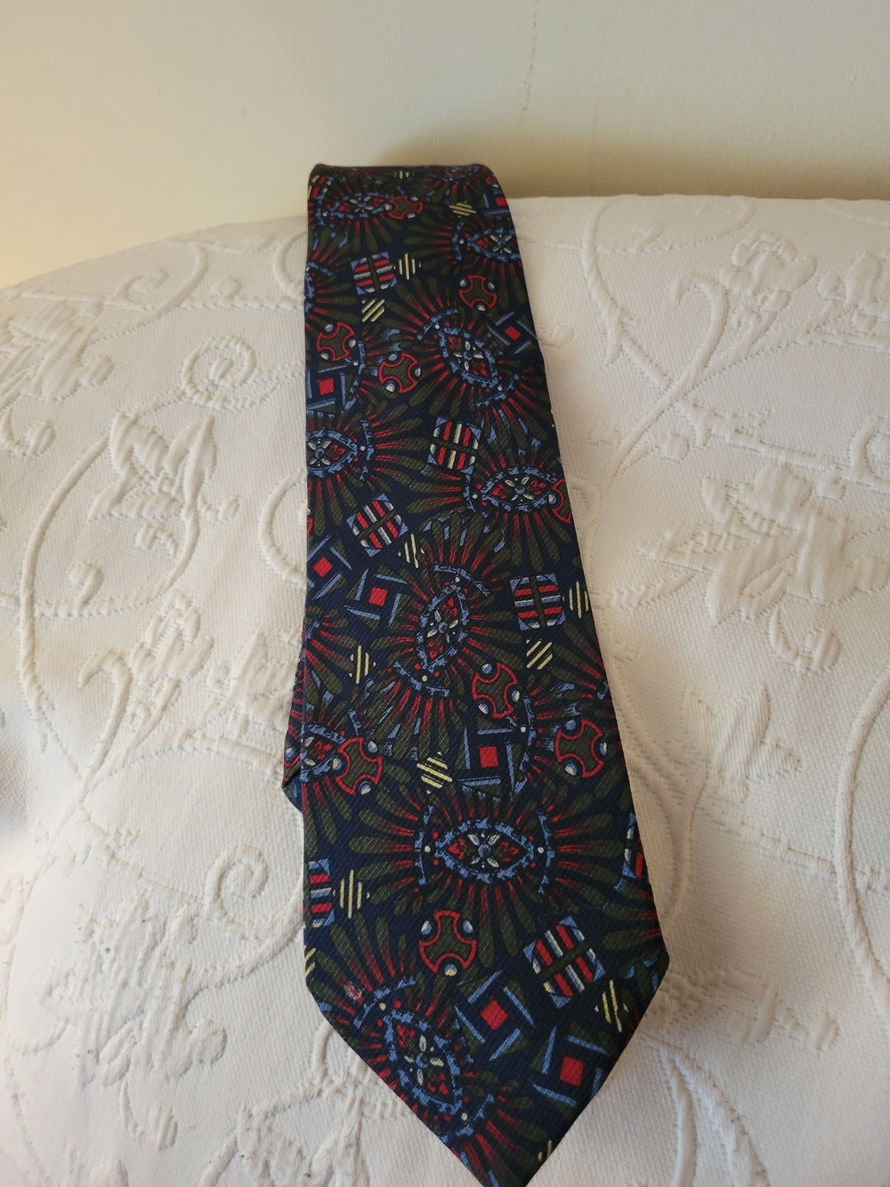 Dior Navy Silk Tie with Red, Blue and Green Geometric Motif